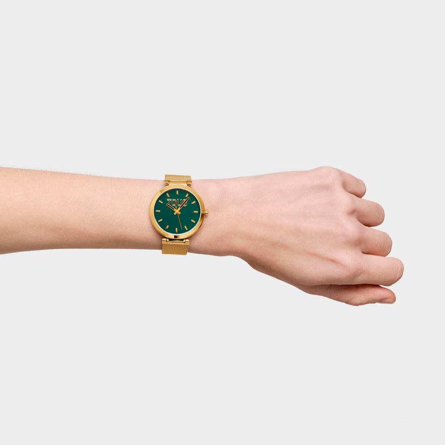 montre-analogique-a-cadran-vert-et-bracelet-miroir-en-maille-doree montre-analogique-a-cadran-vert-et-bracelet-miroir-en-maille-doree