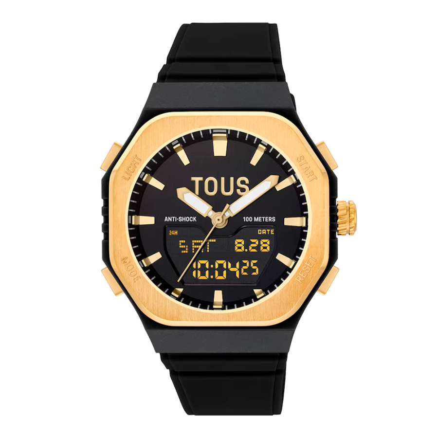 reloj-analogico-digital-de-acero-dorado-y-brazalete-de-nylon-negro-bet