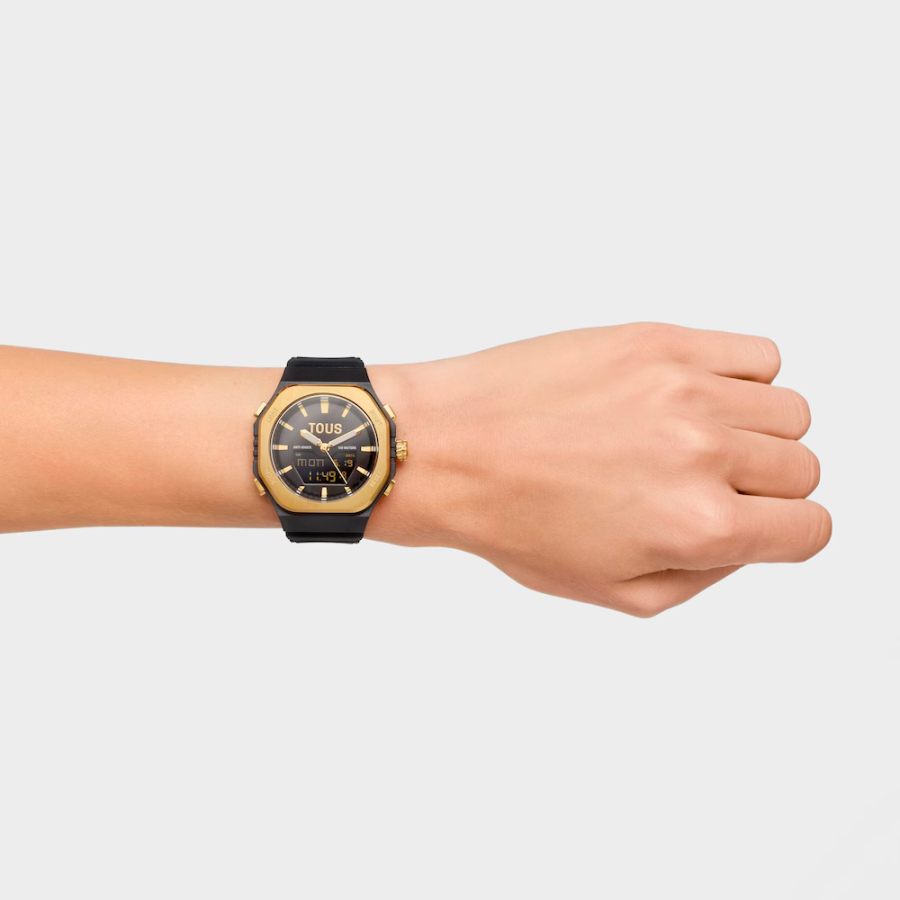 reloj-analogico-digital-de-acero-dorado-y-brazalete-de-nylon-negro-bet
