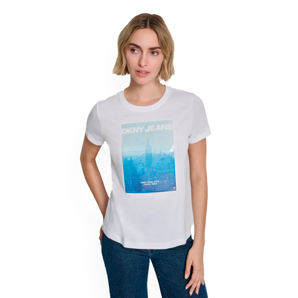 Dkny T-shirts hauts et polos Blanc - T-SHIRT AVEC LOGO PAILLETTES - M - Ref 37 €